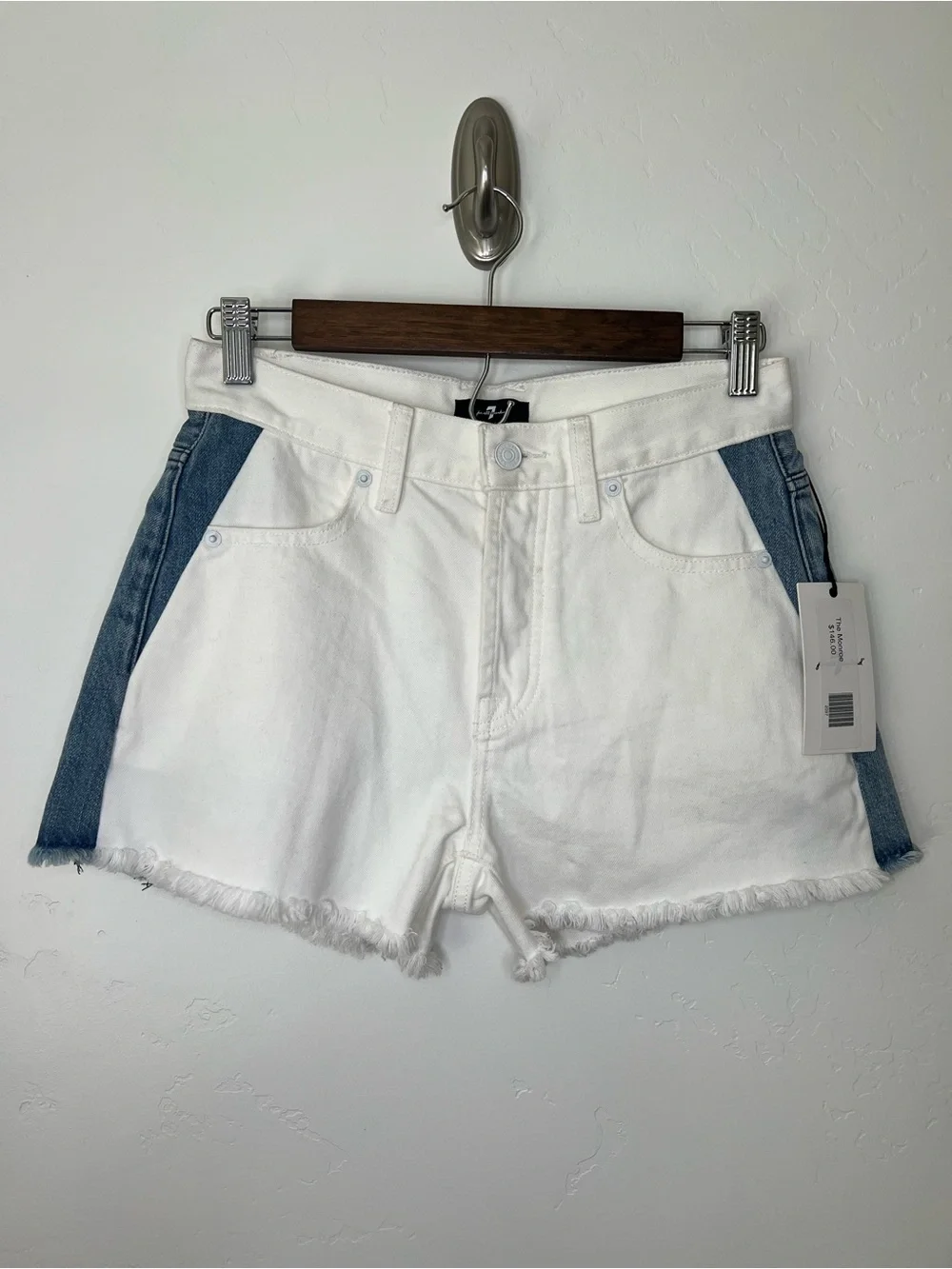 7 For All Mankind The Monroe White Denim Shorts with Blue Denim Side Panels